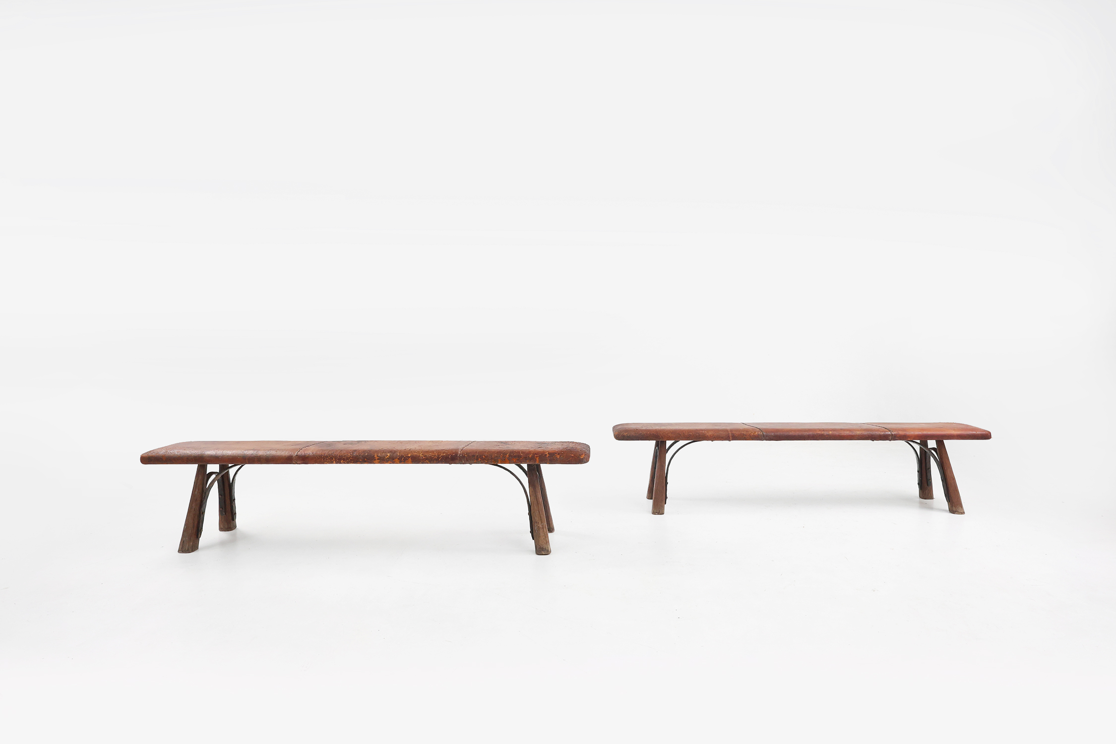 Two rare industrial gym benches in oak and wrought iron with leather topthumbnail